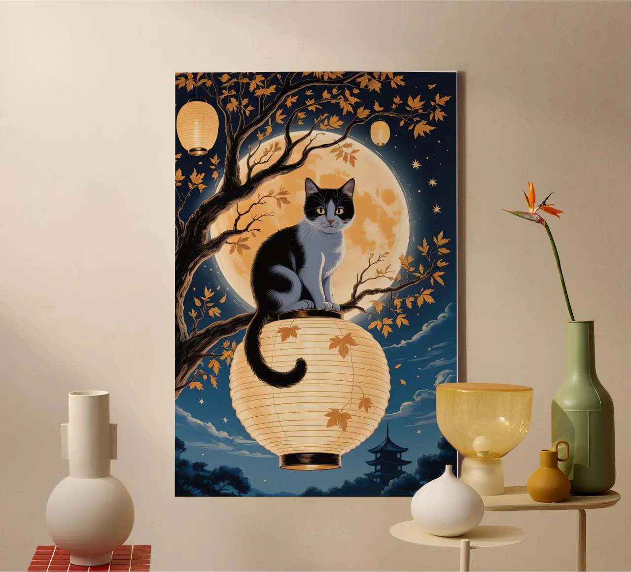 Cute Cat in Moonlight tela con Cornice a cassetta da Jeff Studio