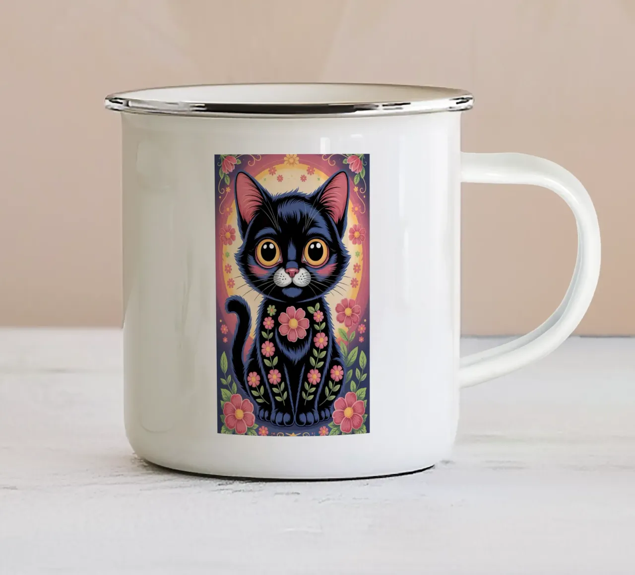 Cute Cat with Flowers tazza in smalto da Jeff Studio