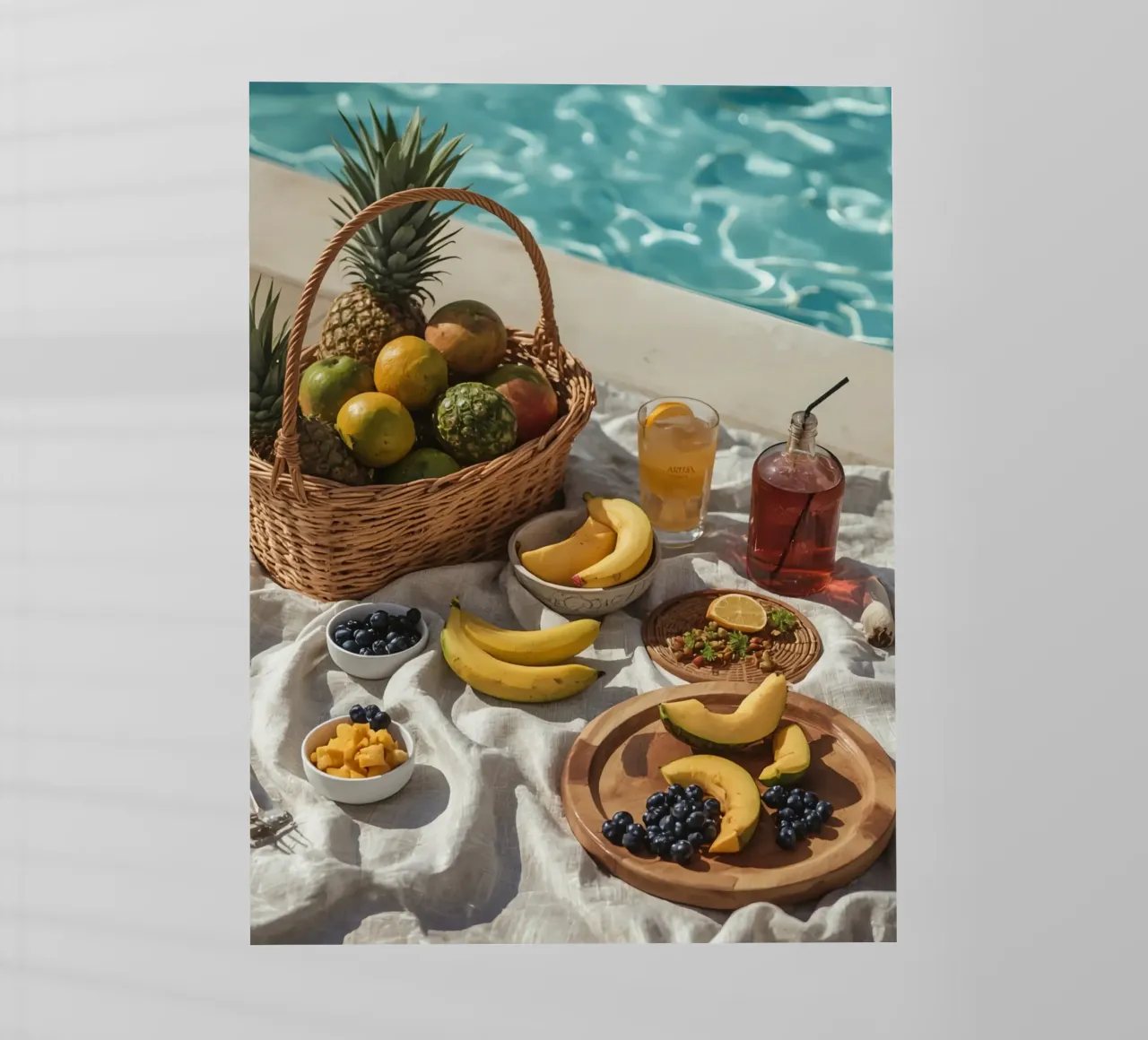 Cestino di frutta e composizione di frutta accanto a una piscina pellicola backlit da DesignDoodle
