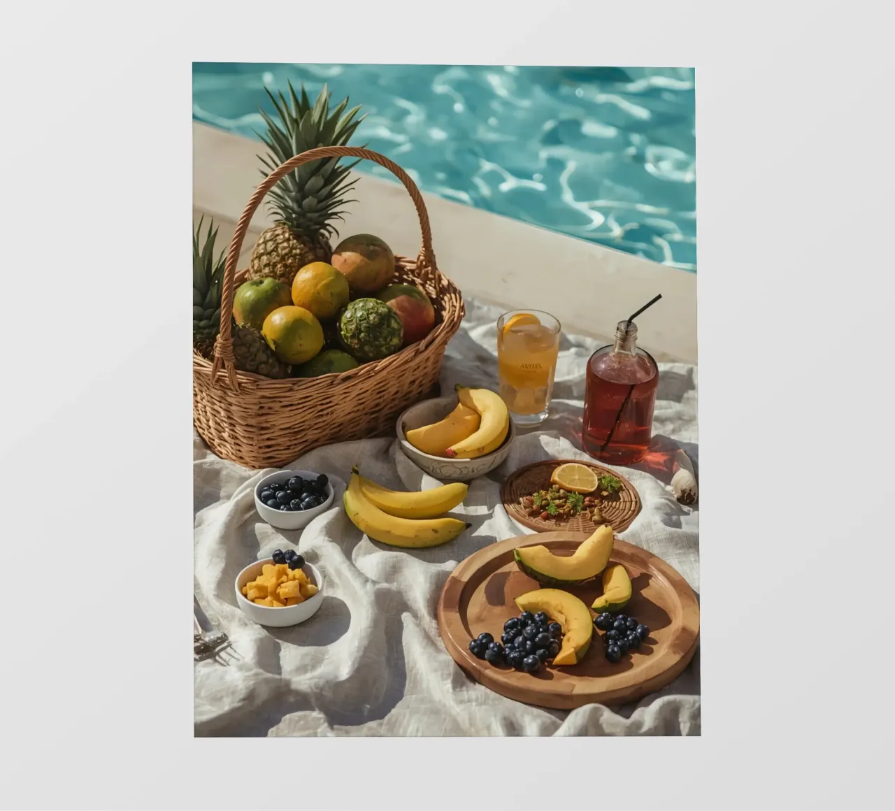 Cestino di frutta e composizione di frutta accanto a una piscina pellicola backlit da DesignDoodle