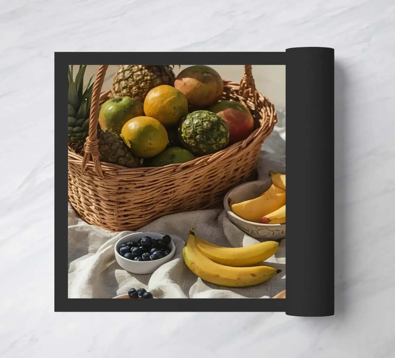 Cestino di frutta e composizione di frutta accanto a una piscina zerbino da DesignDoodle