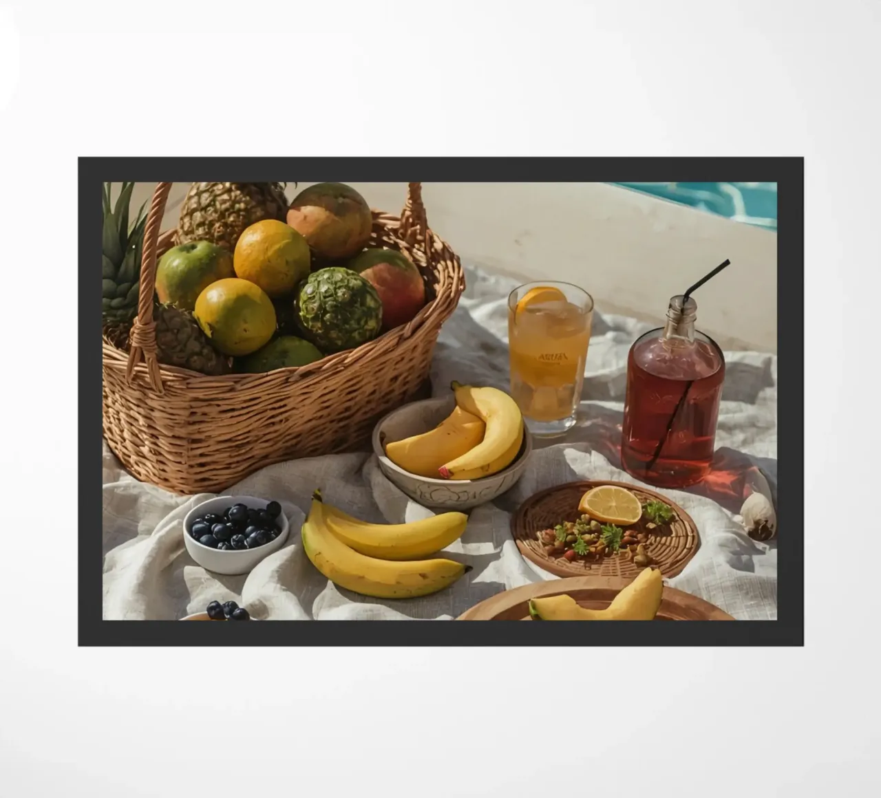 Cestino di frutta e composizione di frutta accanto a una piscina zerbino da DesignDoodle