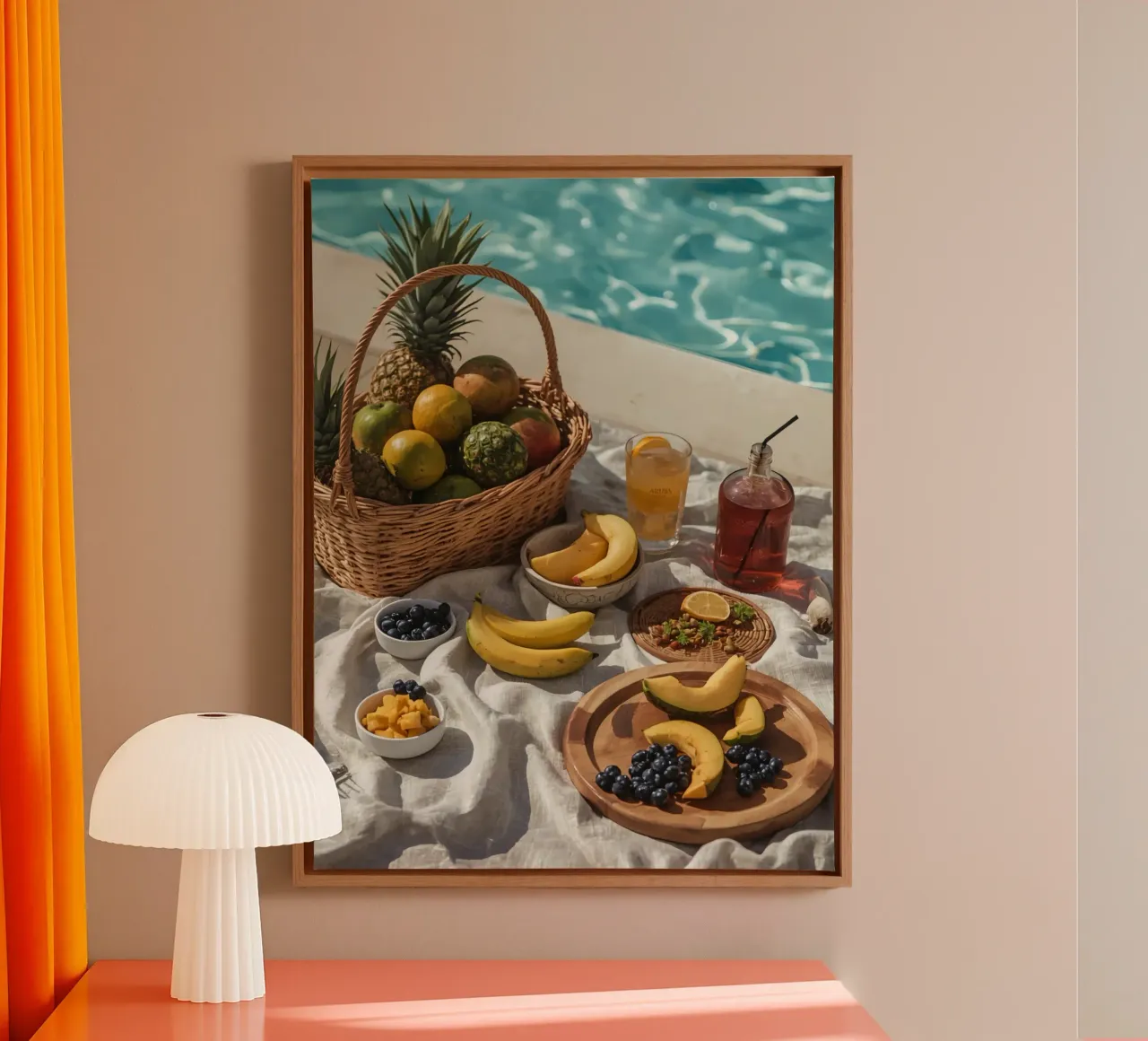 Cestino di frutta e composizione di frutta accanto a una piscina tela con Cornice a cassetta da DesignDoodle