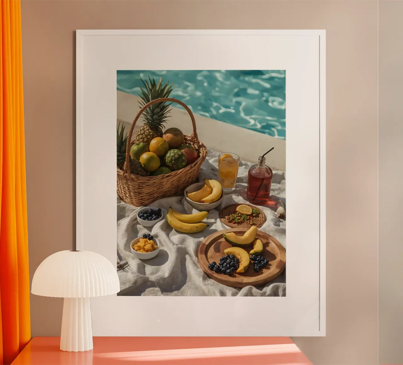 Cestino di frutta e composizione di frutta accanto a una piscina poster da DesignDoodle