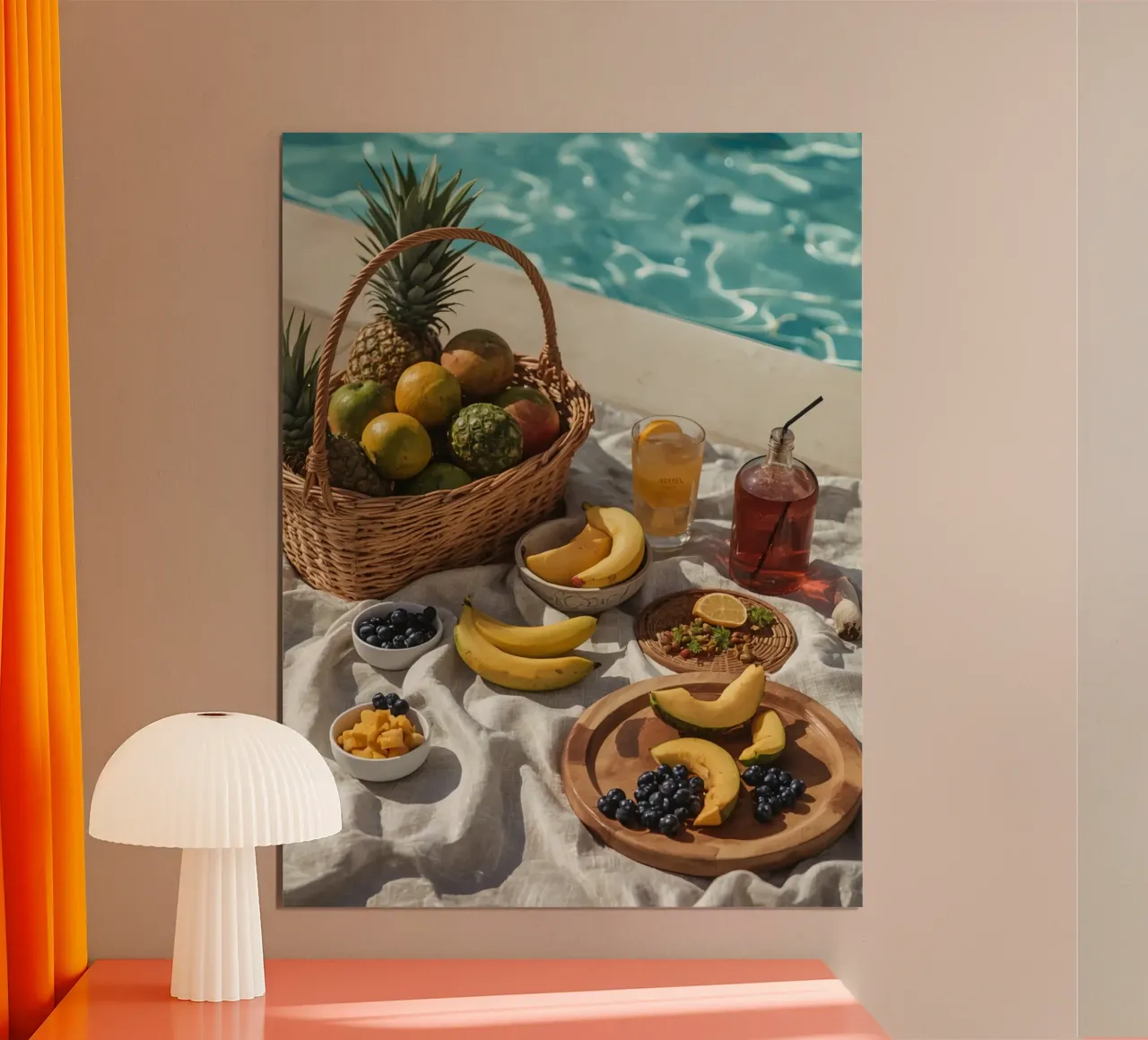Cestino di frutta e composizione di frutta accanto a una piscina poster da DesignDoodle