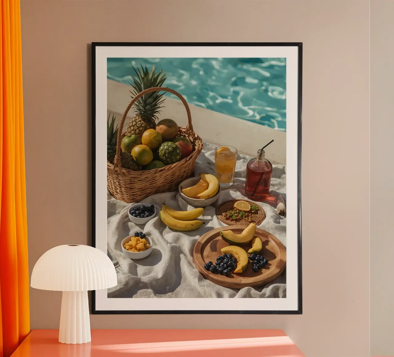 Cestino di frutta e composizione di frutta accanto a una piscina poster da DesignDoodle