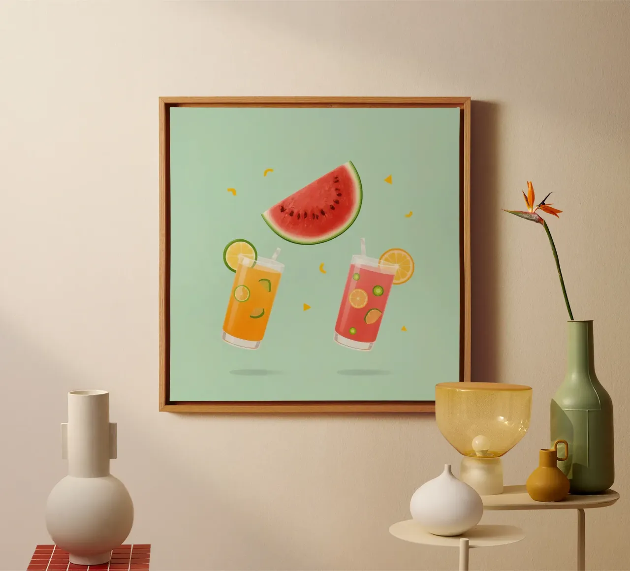 Succhi di frutta con fette di anguria e coriandoli tela con Cornice a cassetta da DesignDoodle