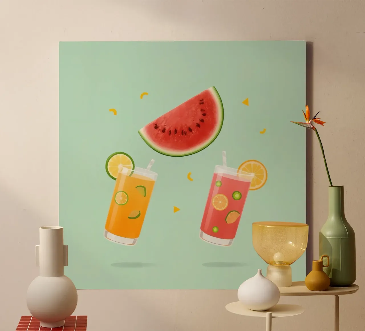 Succhi di frutta con fette di anguria e coriandoli tela con Cornice a cassetta da DesignDoodle