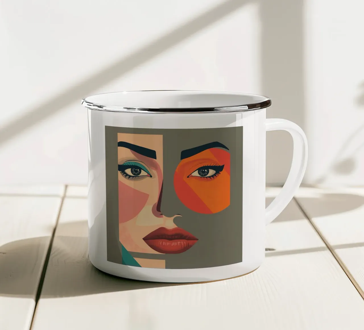 Ritratto astratto geometrico di una donna tazza in smalto da DesignDoodle