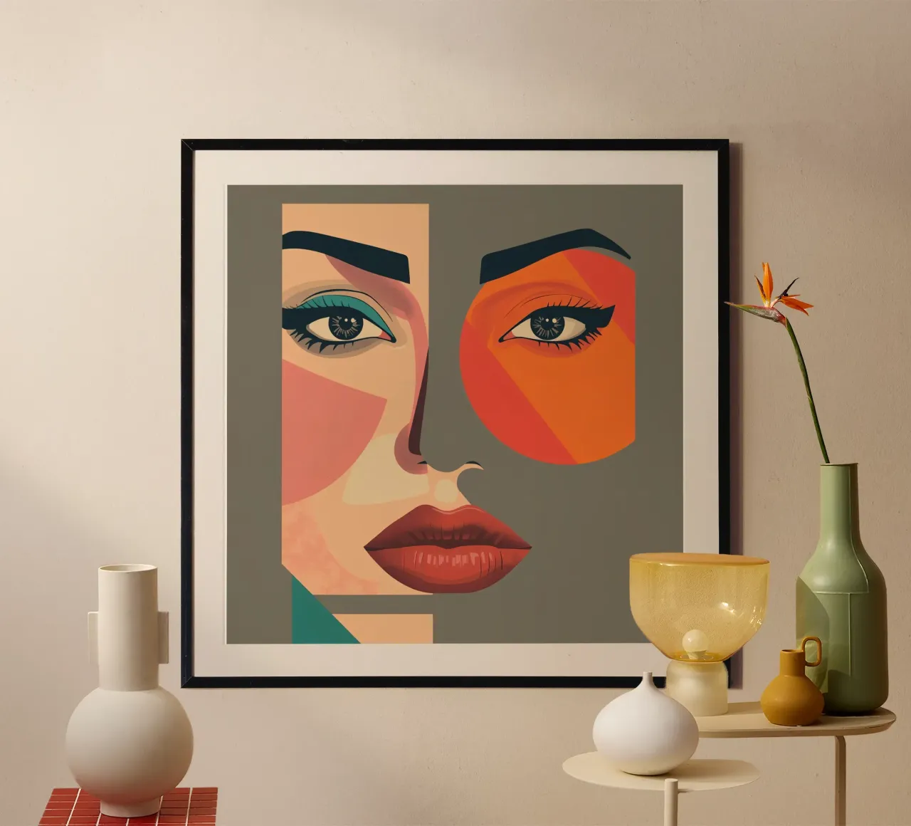 Ritratto astratto geometrico di una donna poster con telaio in legno da DesignDoodle