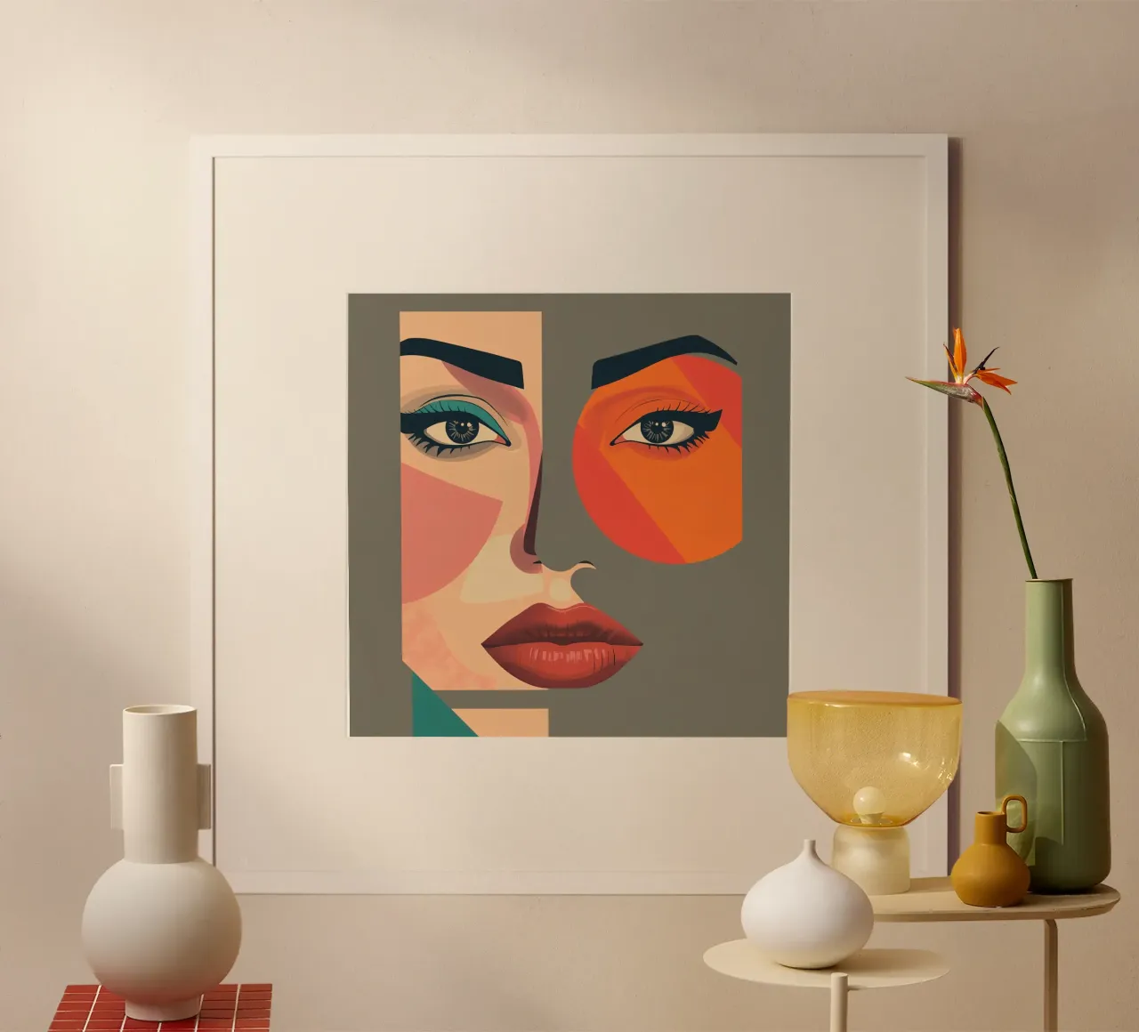 Ritratto astratto geometrico di una donna poster con telaio in legno da DesignDoodle