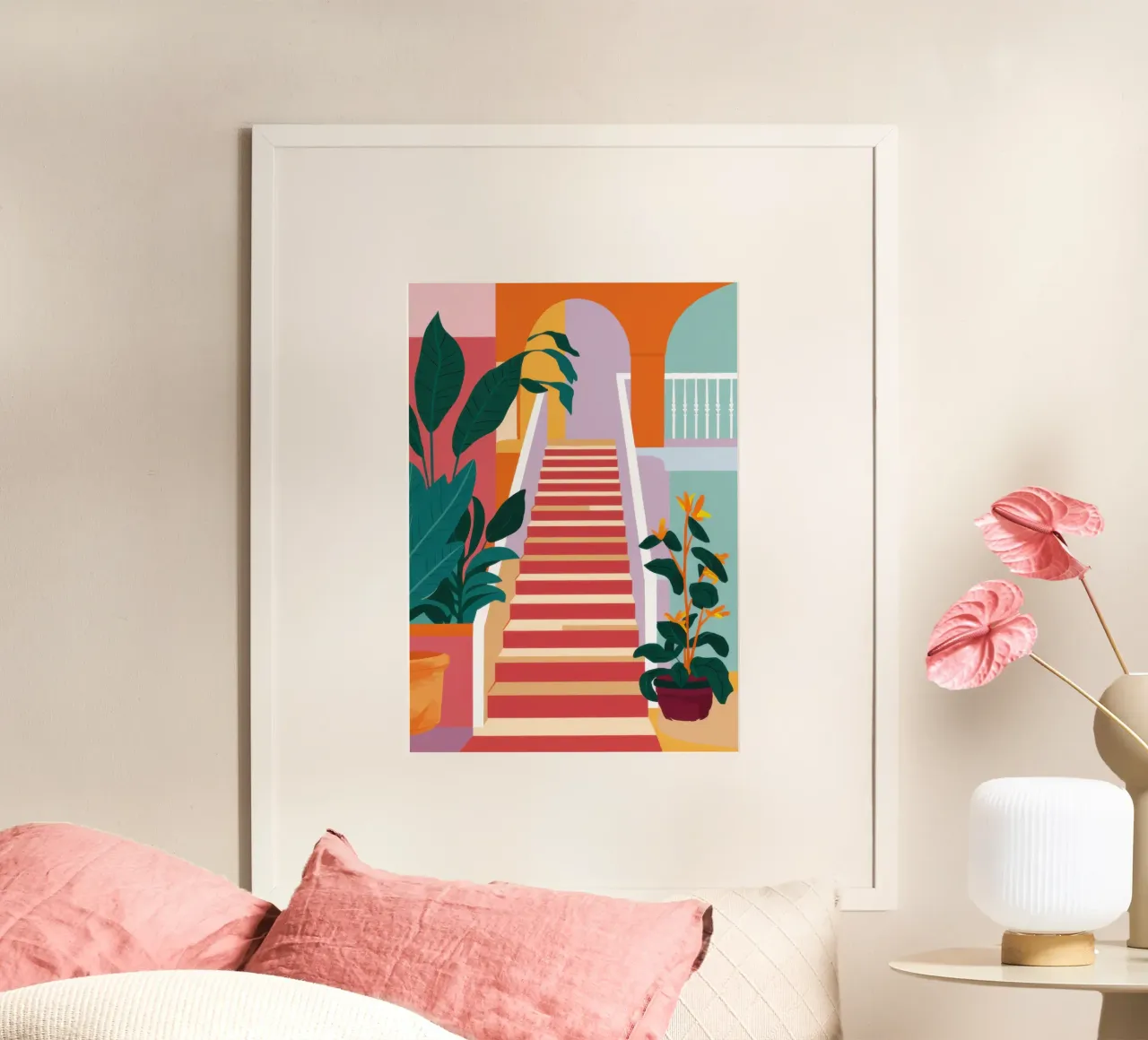 Giardino della Scala Rossa poster con telaio in legno da Luna Aura