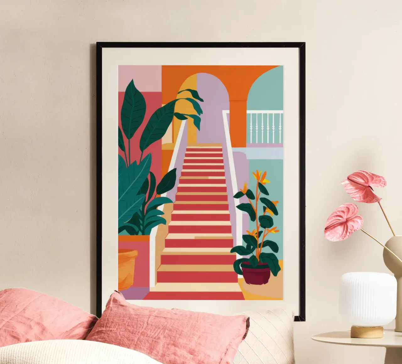Giardino della Scala Rossa poster con telaio in legno da Luna Aura