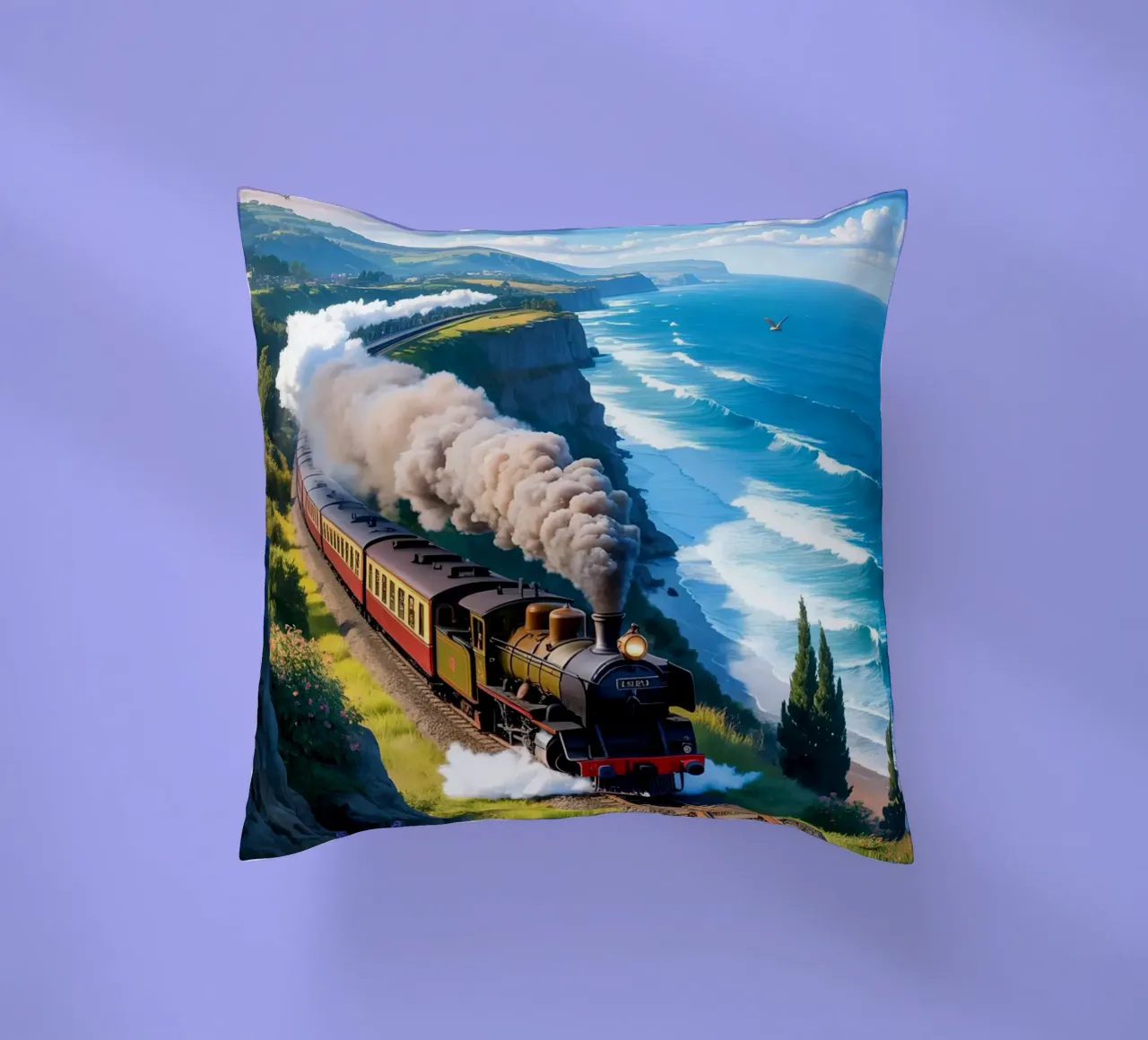 Old Train With Sea View cuscino da Jeff Studio