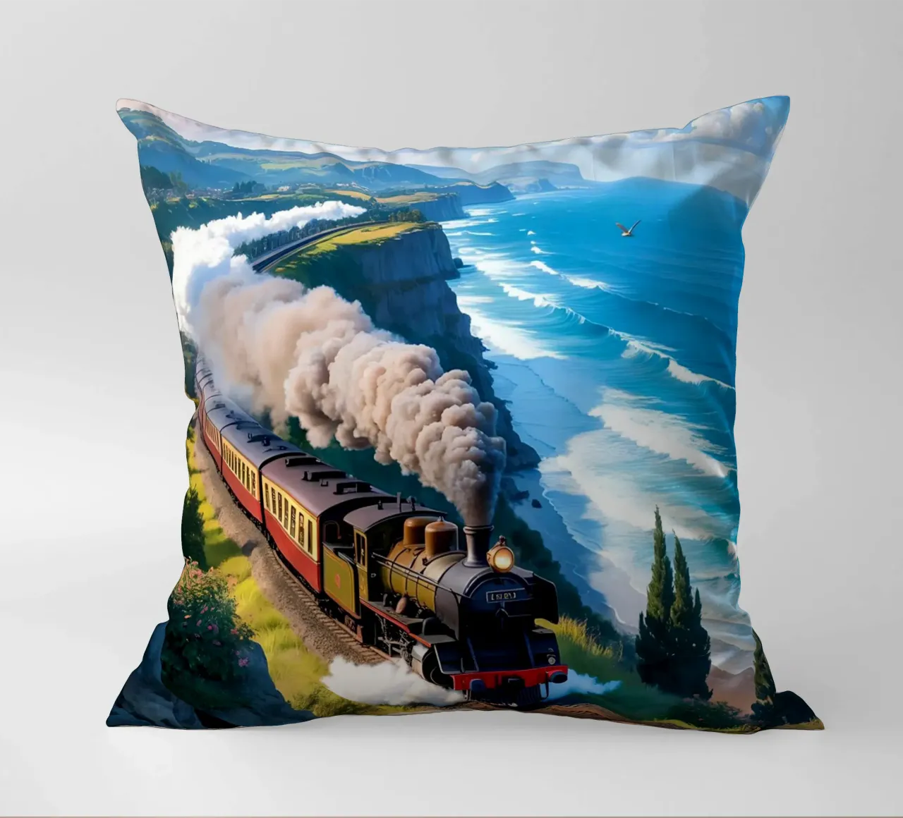 Old Train With Sea View cuscino da Jeff Studio