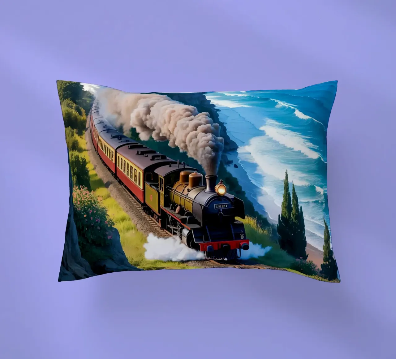 Old Train With Sea View cuscino da Jeff Studio