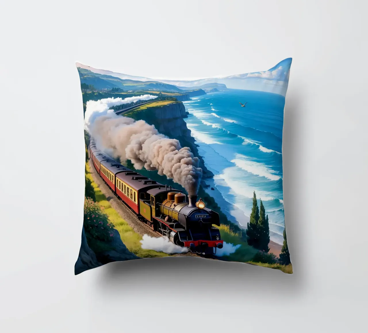 Old Train With Sea View cuscino da Jeff Studio