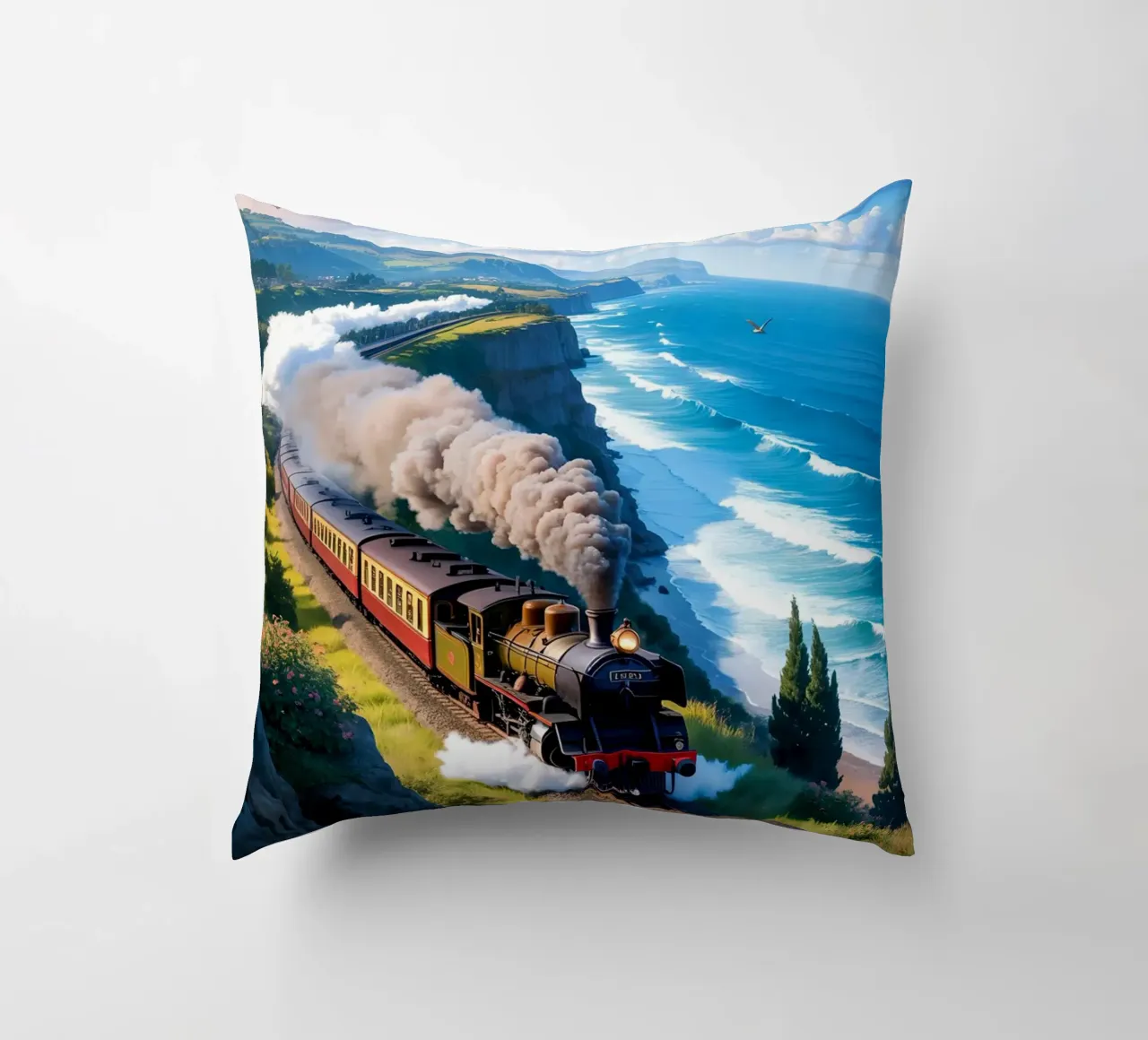 Old Train With Sea View cuscino da Jeff Studio