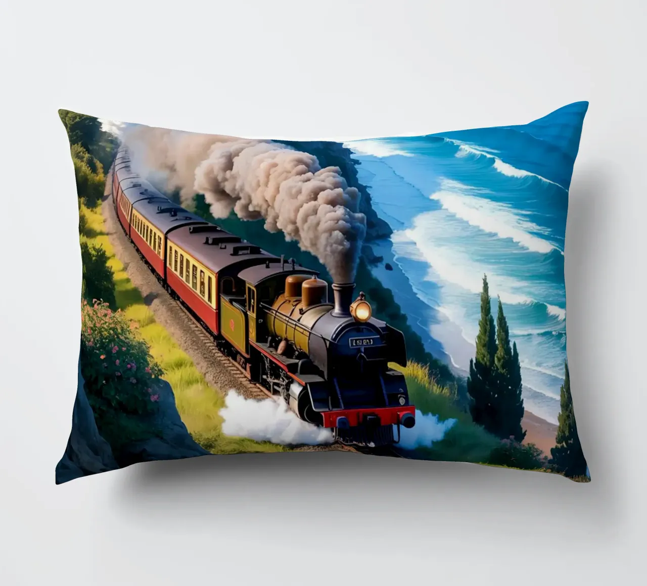 Old Train With Sea View cuscino da Jeff Studio