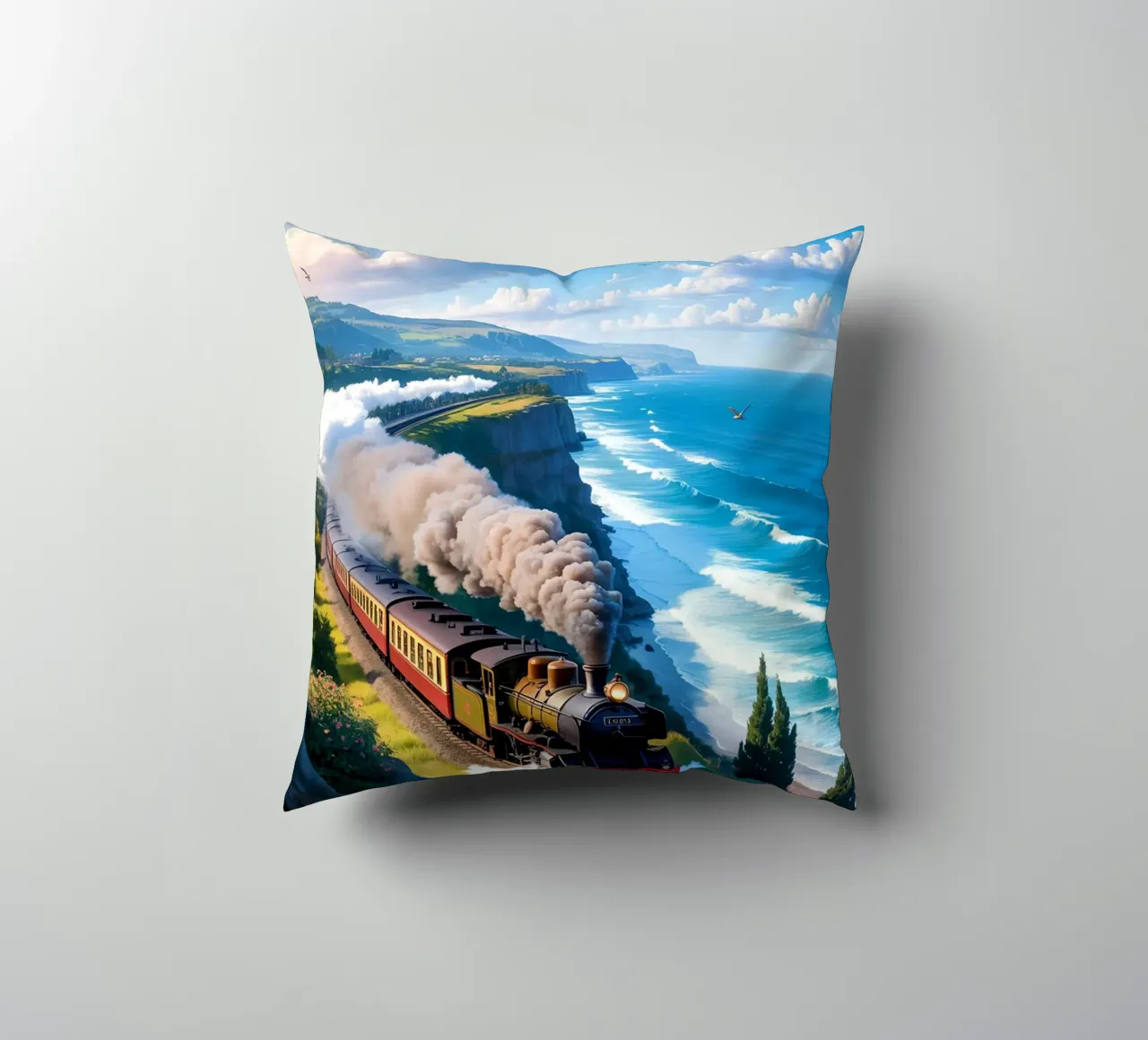 Old Train With Sea View cuscino da Jeff Studio