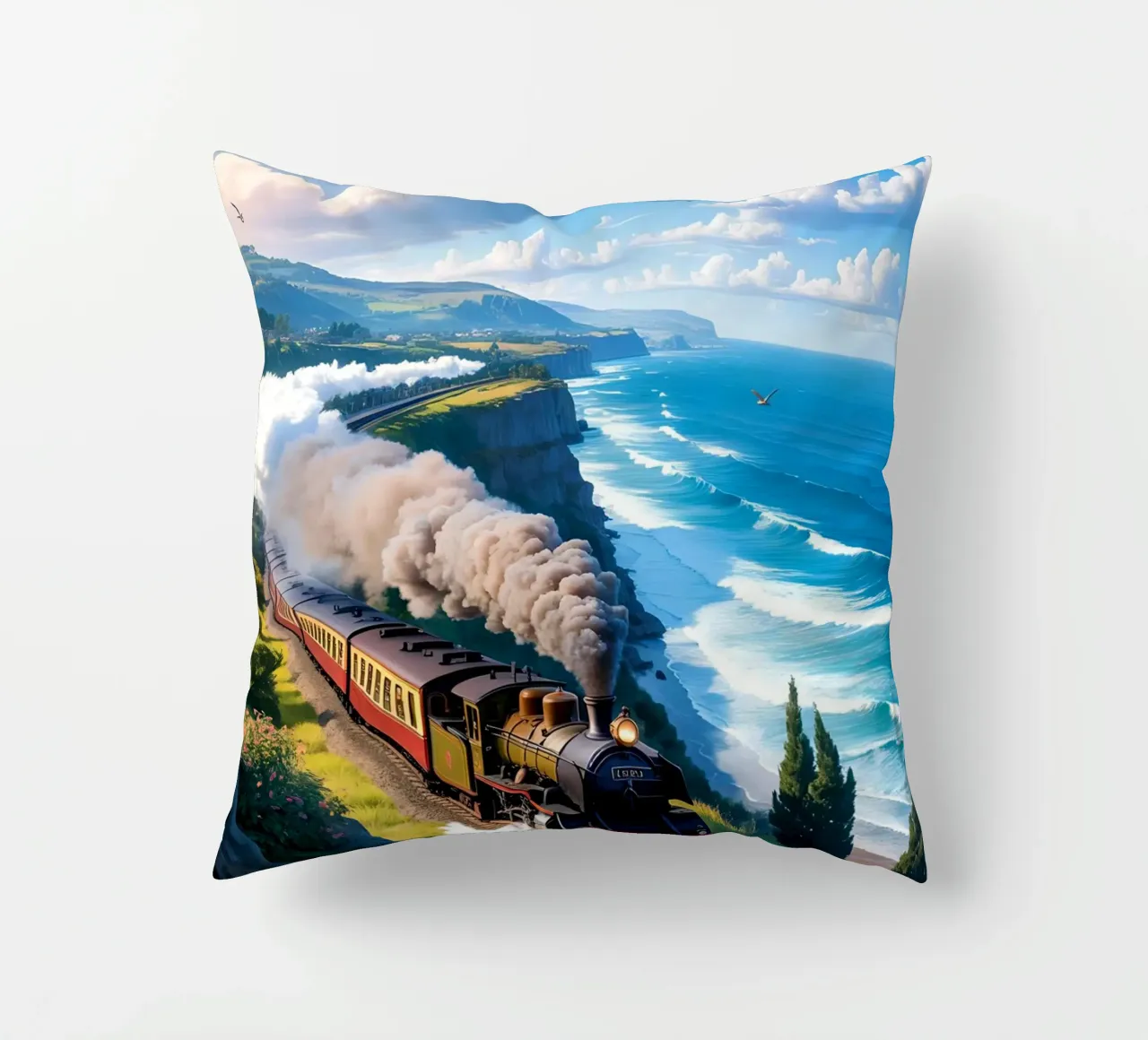 Old Train With Sea View cuscino da Jeff Studio