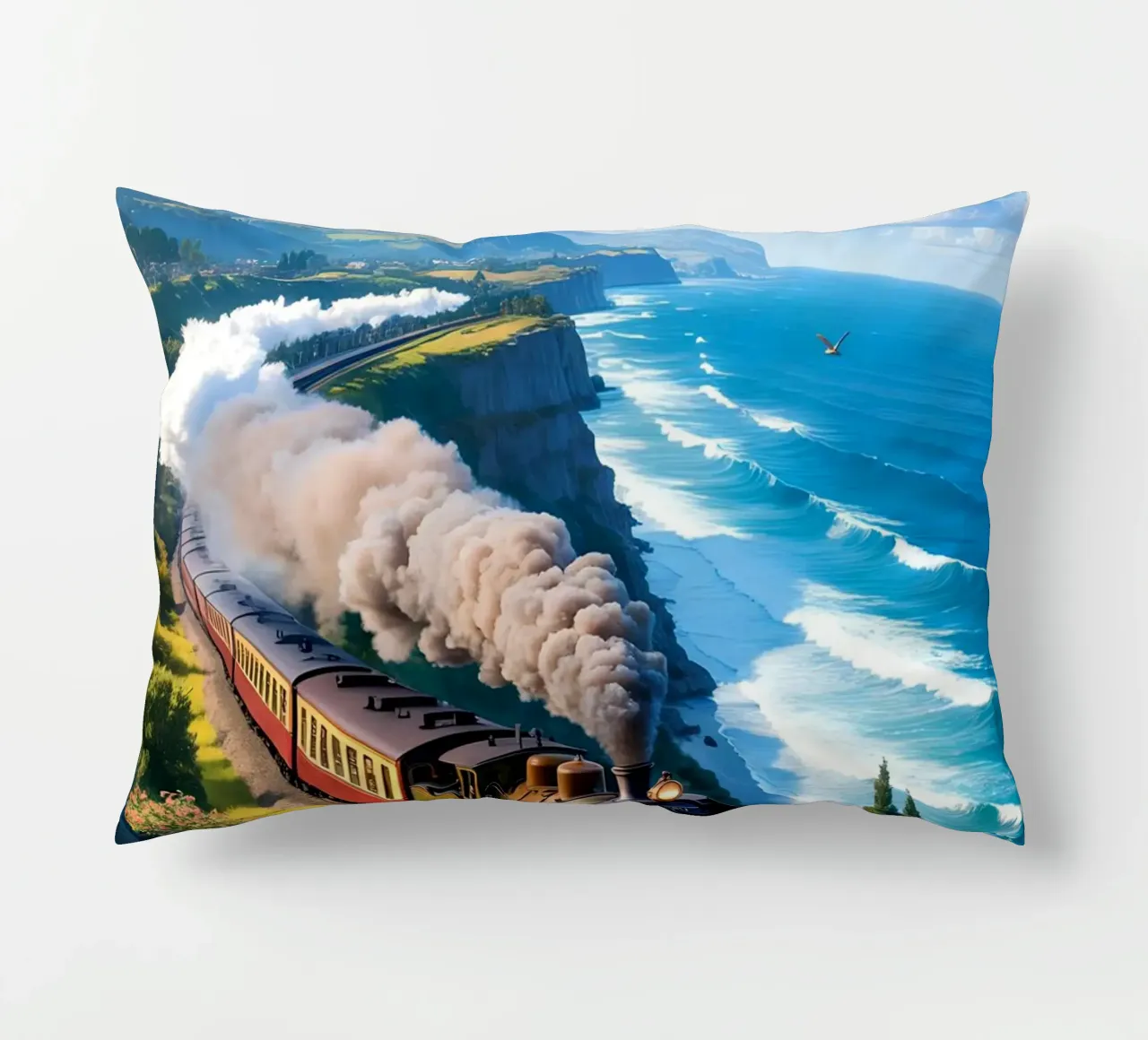 Old Train With Sea View cuscino da Jeff Studio