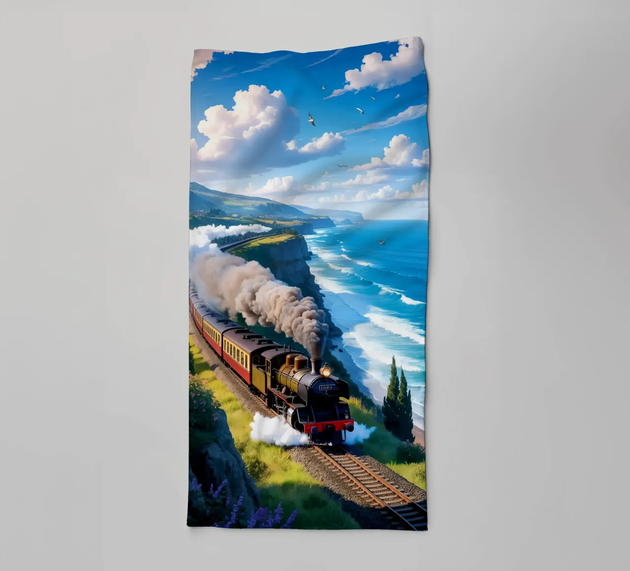Old Train With Sea View towel by Jeff Studio