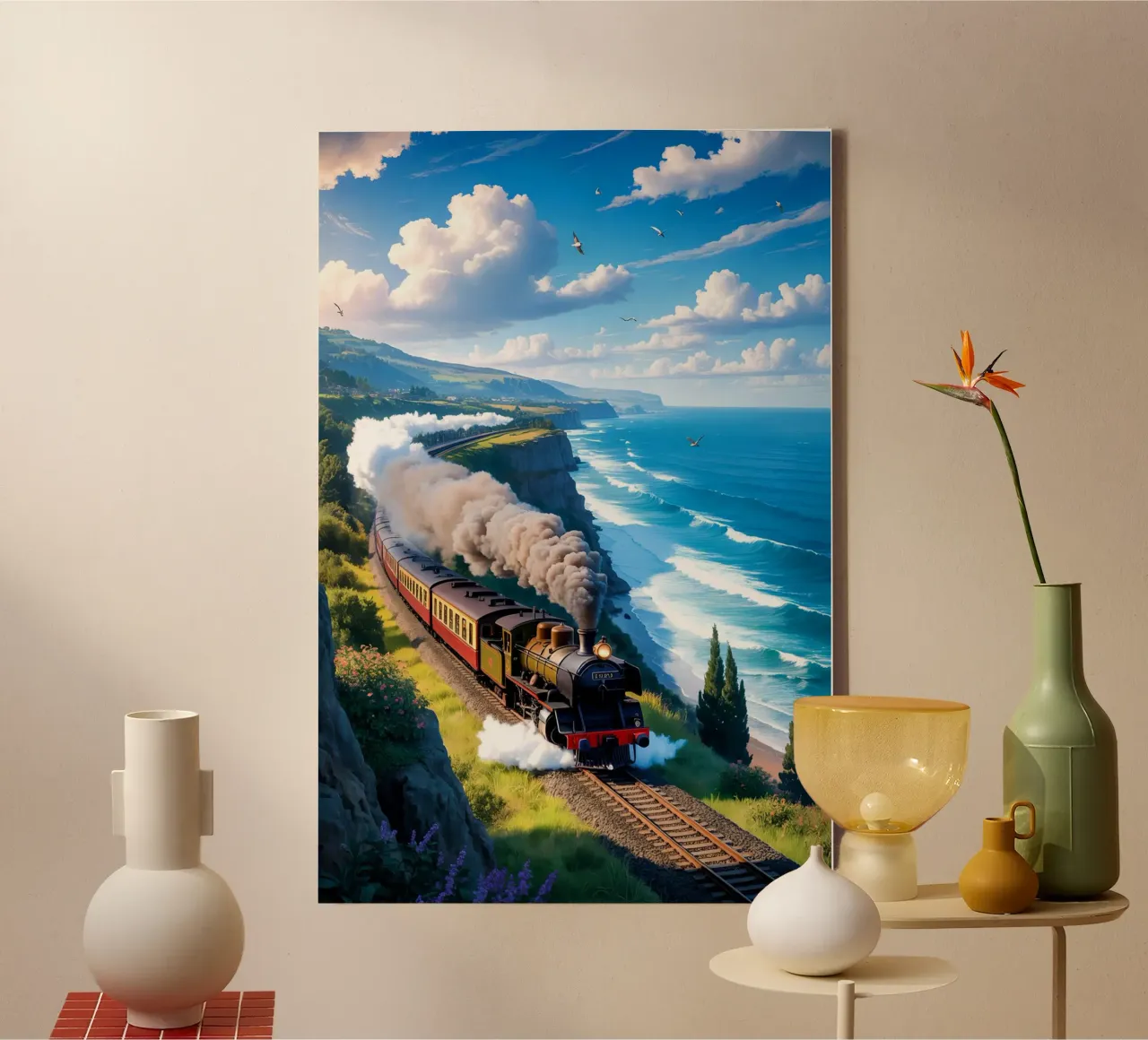 Old Train With Sea View tela con Cornice a cassetta da Jeff Studio