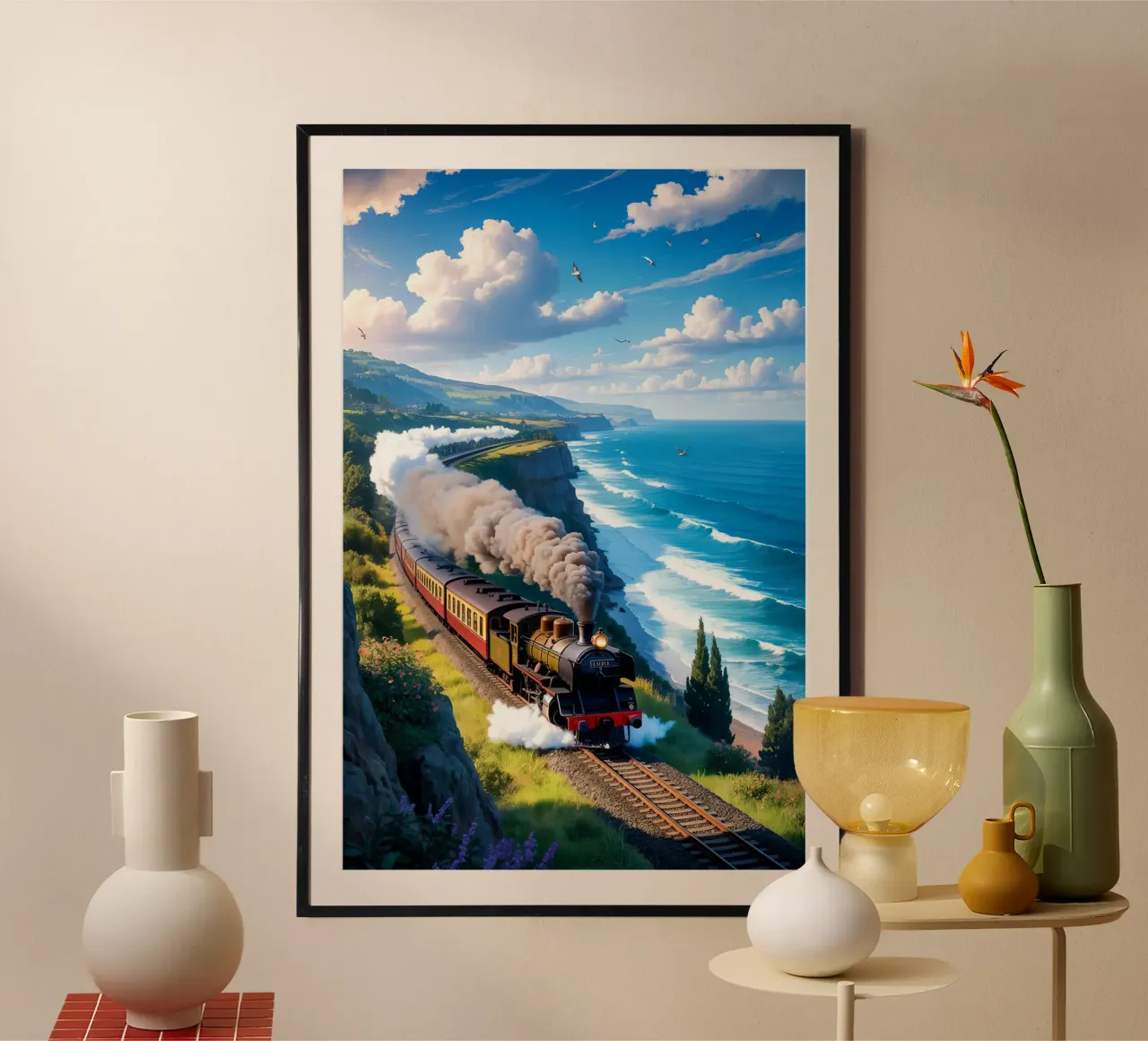 Old Train With Sea View poster con telaio in legno da Jeff Studio