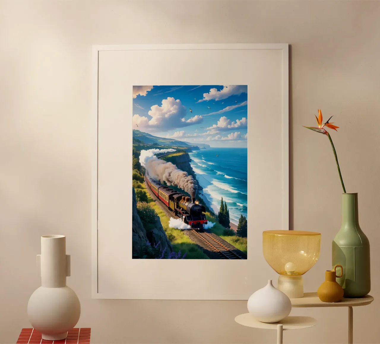 Old Train With Sea View poster con telaio in legno da Jeff Studio