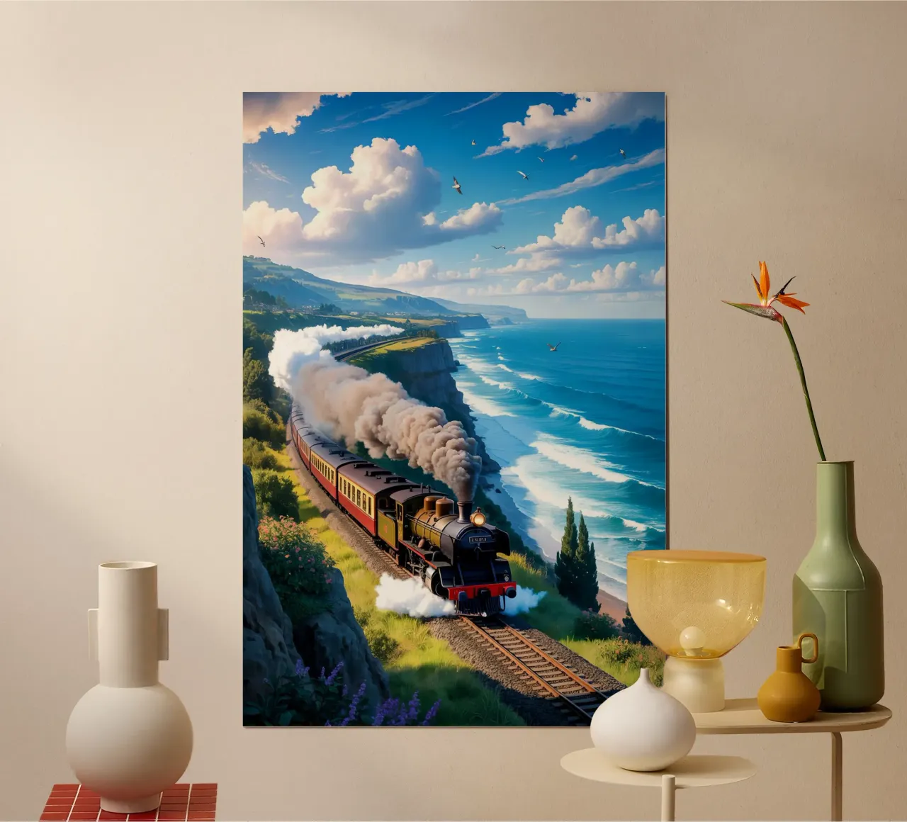 Old Train With Sea View poster con telaio in legno da Jeff Studio