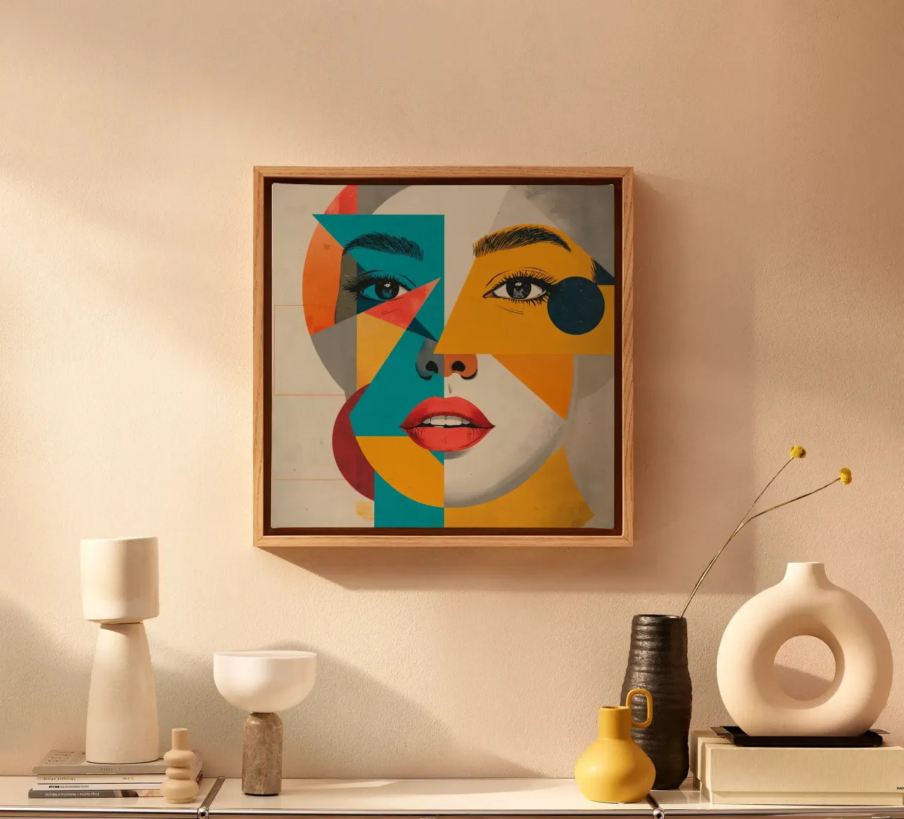 Kleurrijk Geometrisch Abstract Vrouwengezicht Portret canvas met Baklijst van DesignDoodle