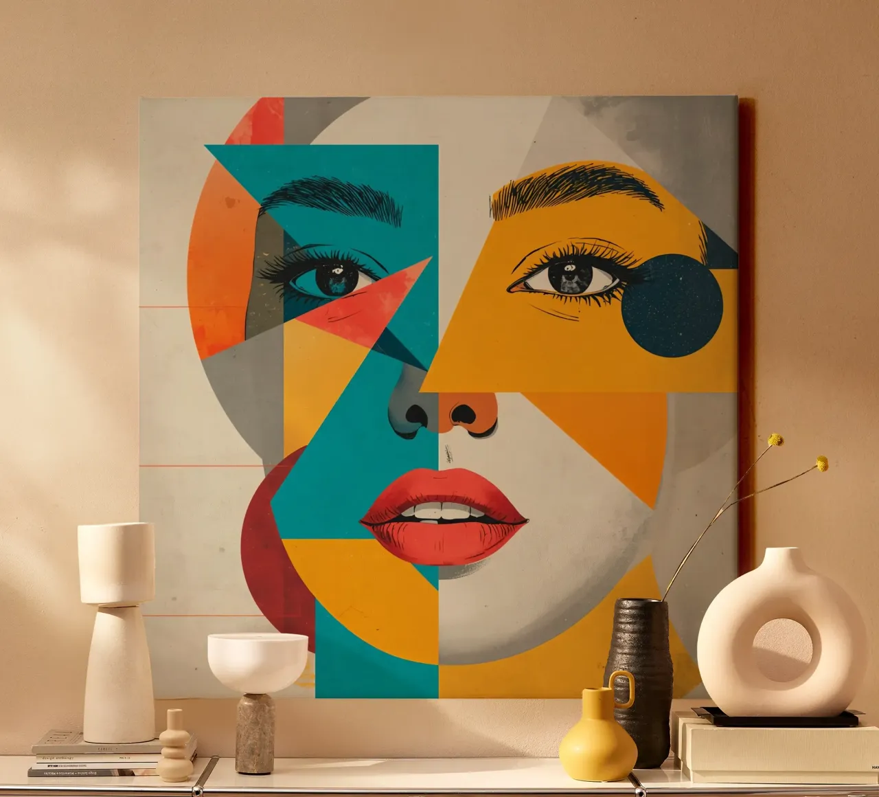 Kleurrijk Geometrisch Abstract Vrouwengezicht Portret canvas met Baklijst van DesignDoodle
