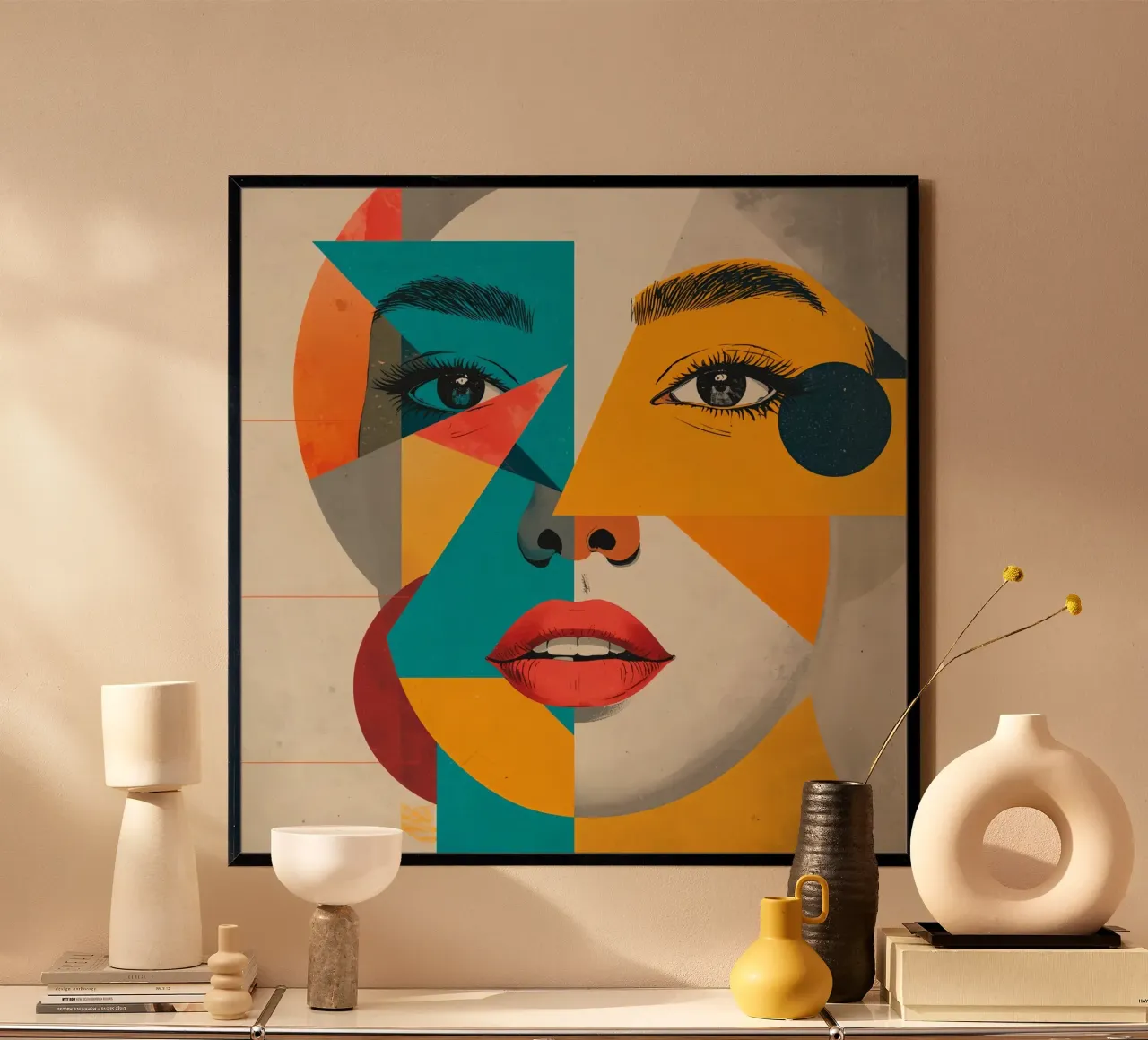 Kleurrijk Geometrisch Abstract Vrouwengezicht Portret poster met houten frame van DesignDoodle