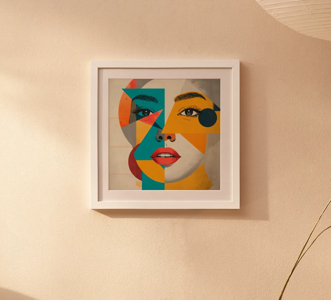 Kleurrijk Geometrisch Abstract Vrouwengezicht Portret poster met houten frame van DesignDoodle