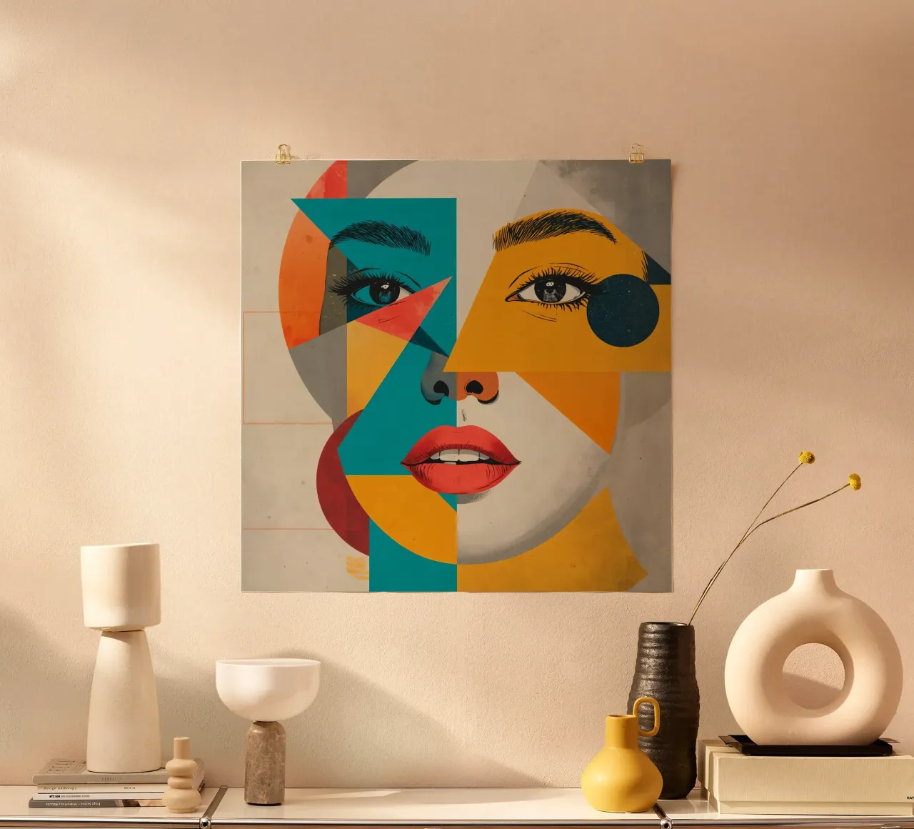 Kleurrijk Geometrisch Abstract Vrouwengezicht Portret poster met houten frame van DesignDoodle