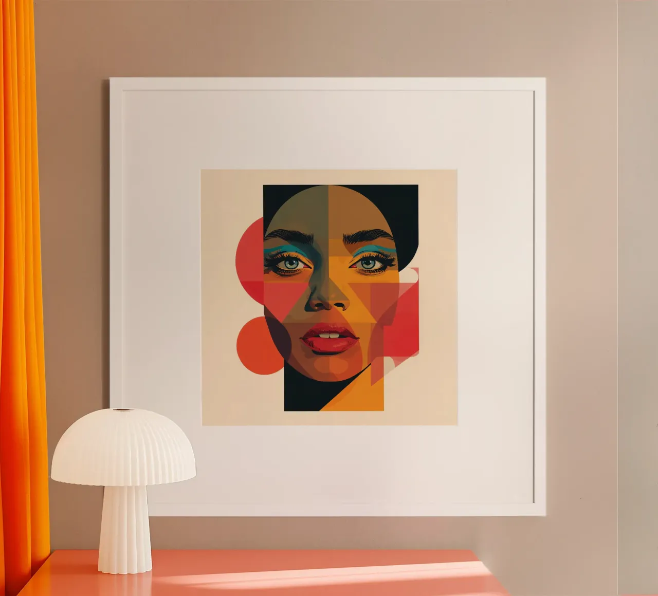 Portrait géométrique d'une femme avec un fard à paupières sarcelle poster avec cadre en plastique de DesignDoodle