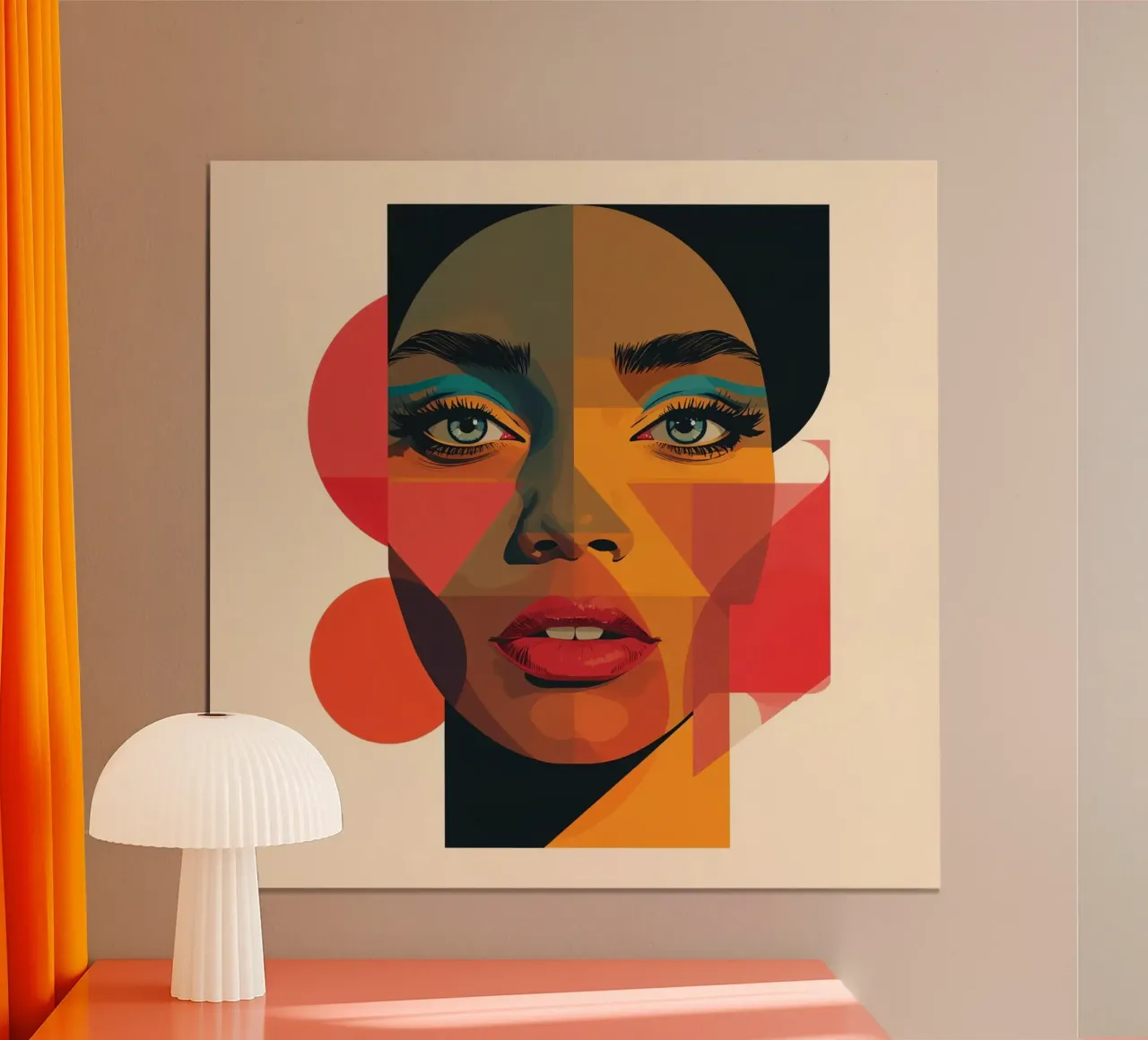 Portrait géométrique d'une femme avec un fard à paupières sarcelle poster avec cadre en plastique de DesignDoodle