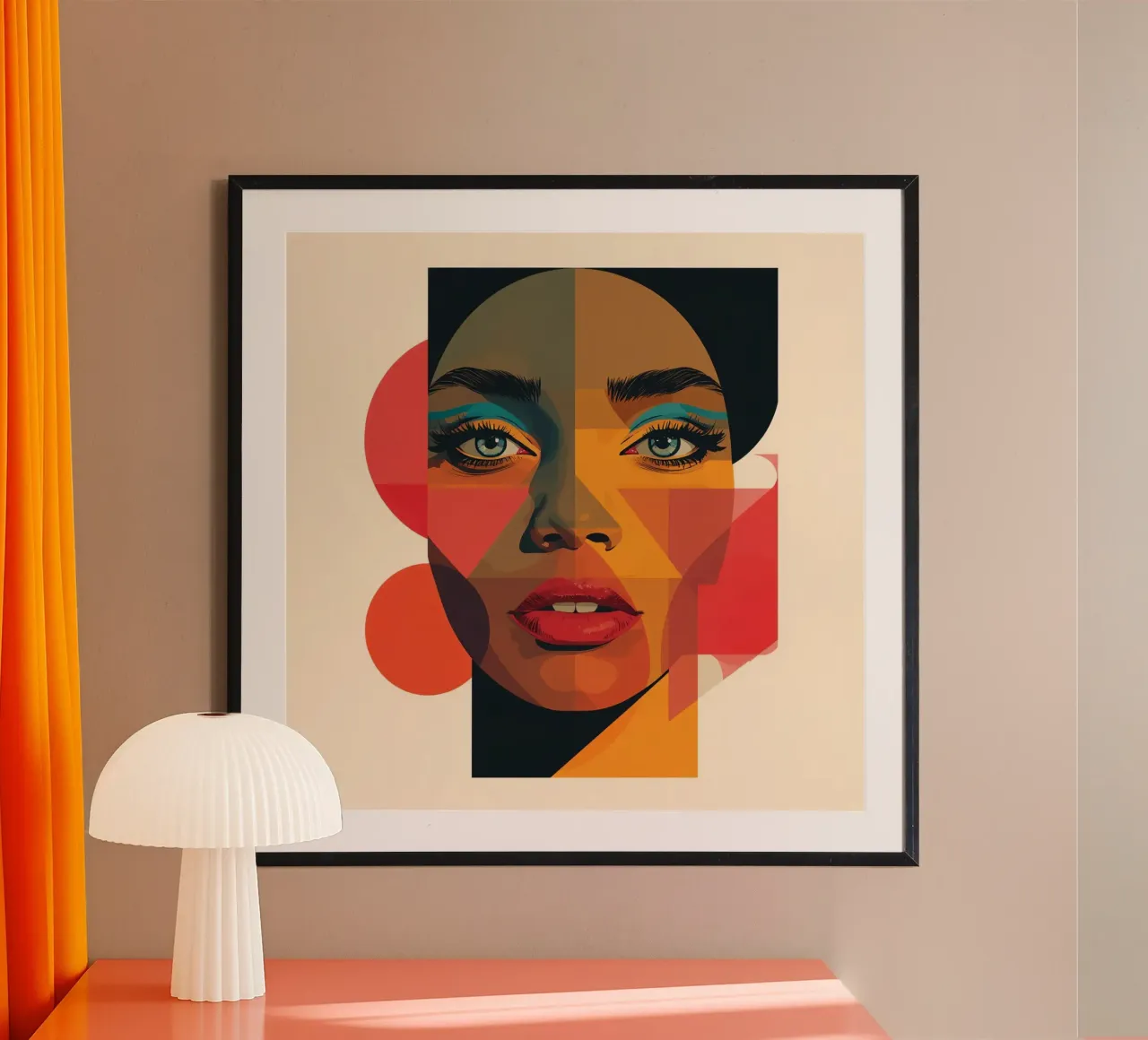 Portrait géométrique d'une femme avec un fard à paupières sarcelle poster avec cadre en plastique de DesignDoodle
