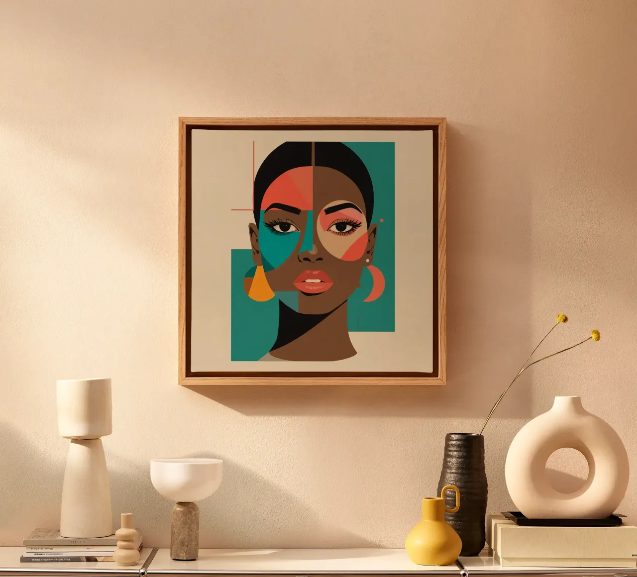 Geometric Portrait of a Woman with Abstract Shapes canvas with Floater frame by DesignDoodle