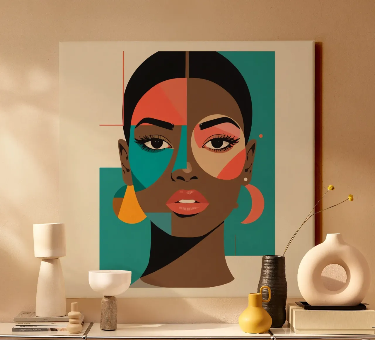 Geometric Portrait of a Woman with Abstract Shapes canvas with Floater frame by DesignDoodle