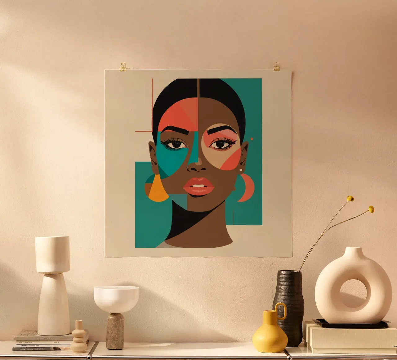 Ritratto geometrico di donna con forme astratte poster con telaio in legno da DesignDoodle