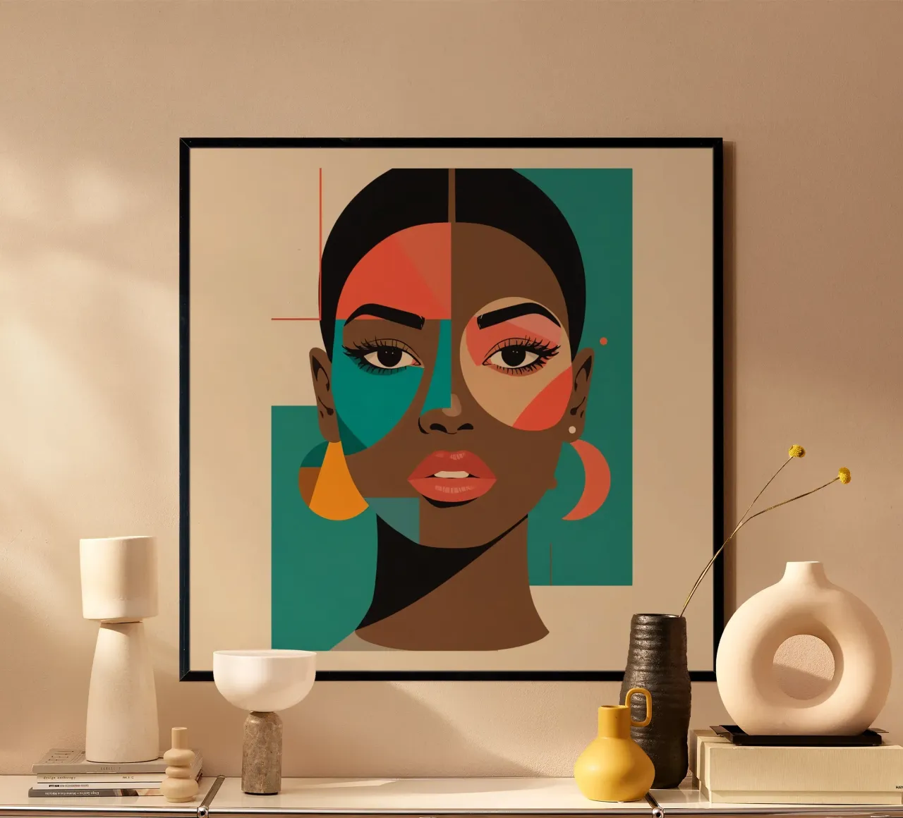 Ritratto geometrico di donna con forme astratte poster con telaio in legno da DesignDoodle