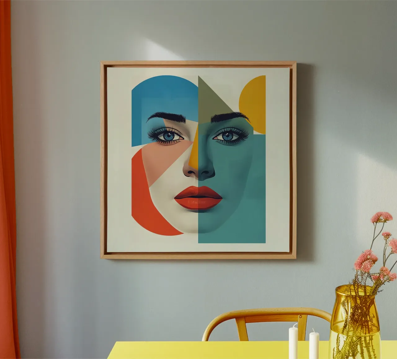 Geometric Portrait of a Woman with Color Blocks canvas with Floater frame by DesignDoodle