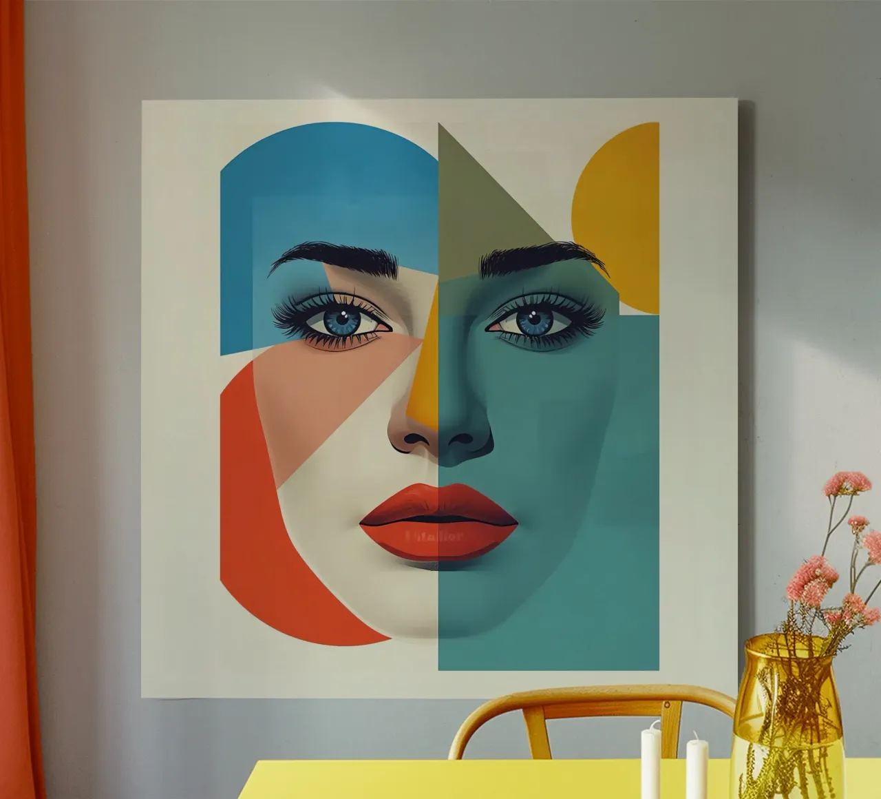 Geometric Portrait of a Woman with Color Blocks canvas with Floater frame by DesignDoodle