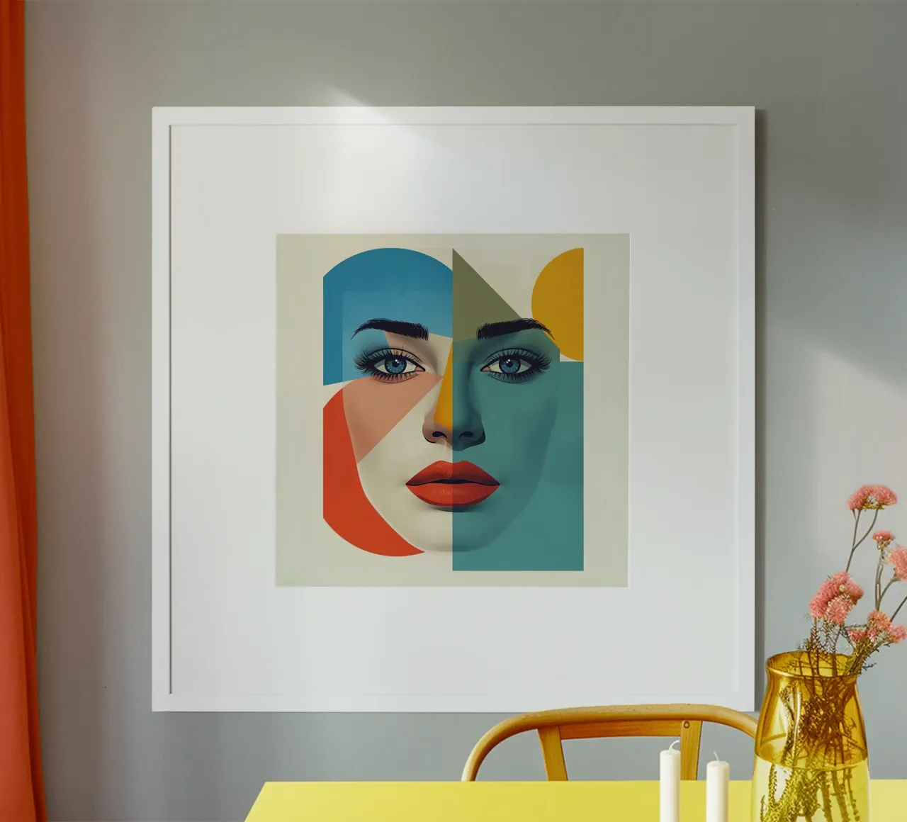 Ritratto geometrico di donna con blocchi di colore poster con telaio in plastica da DesignDoodle