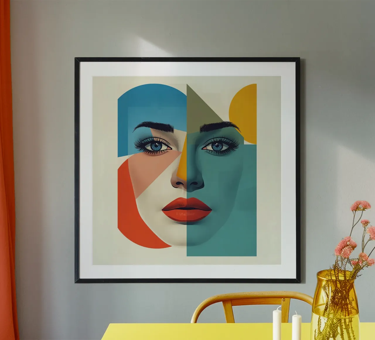 Ritratto geometrico di donna con blocchi di colore poster con telaio in plastica da DesignDoodle