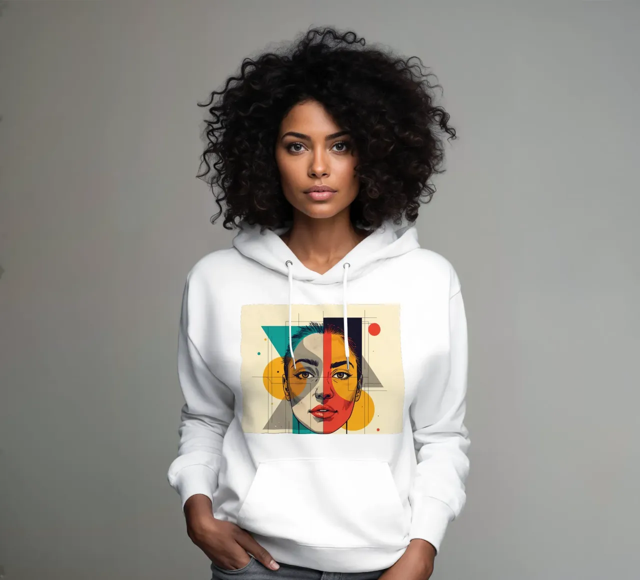 Ritratto geometrico di una donna con schema di colori diviso felpa con cappuccio da DesignDoodle