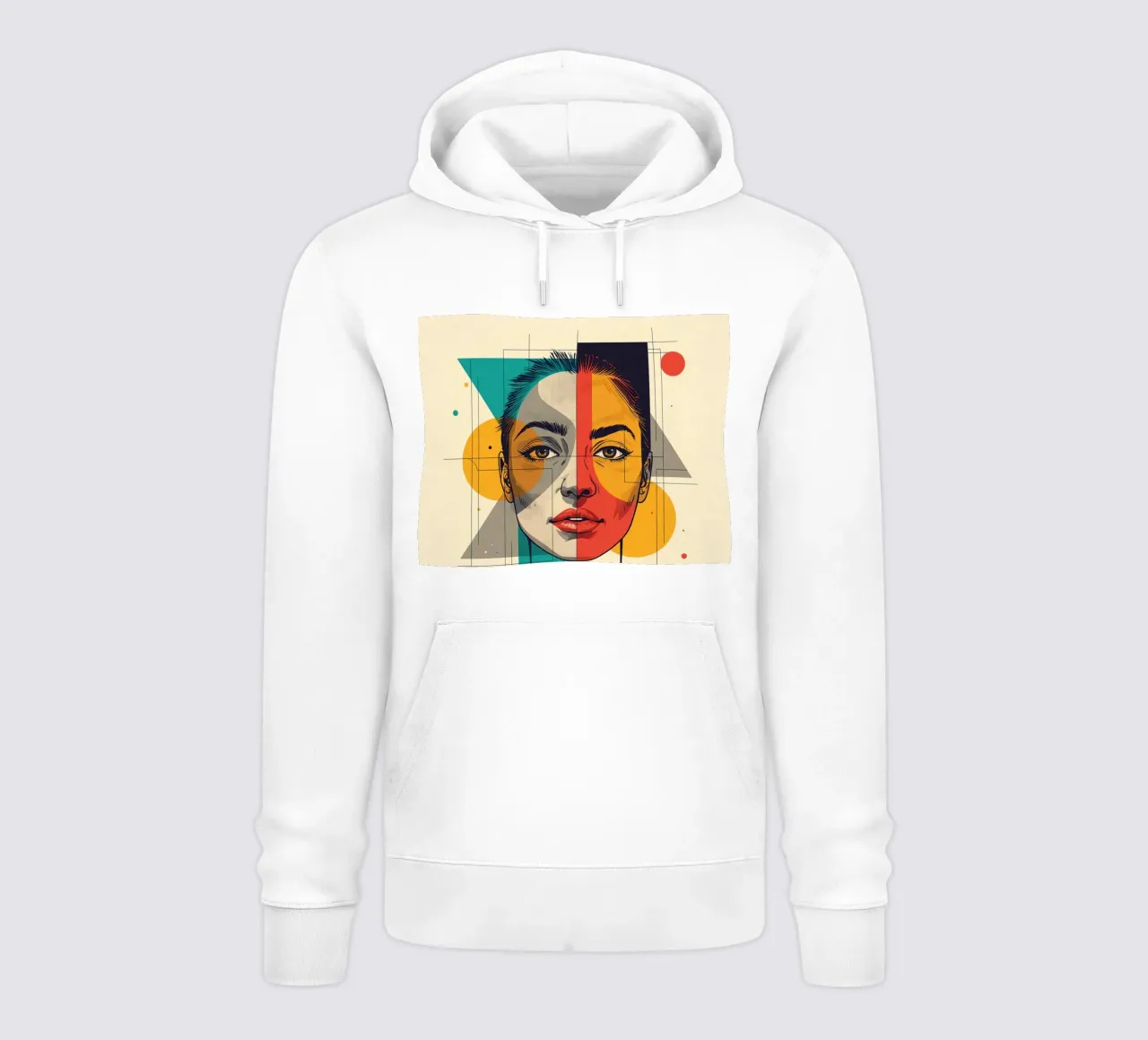 Ritratto geometrico di una donna con schema di colori diviso felpa con cappuccio da DesignDoodle