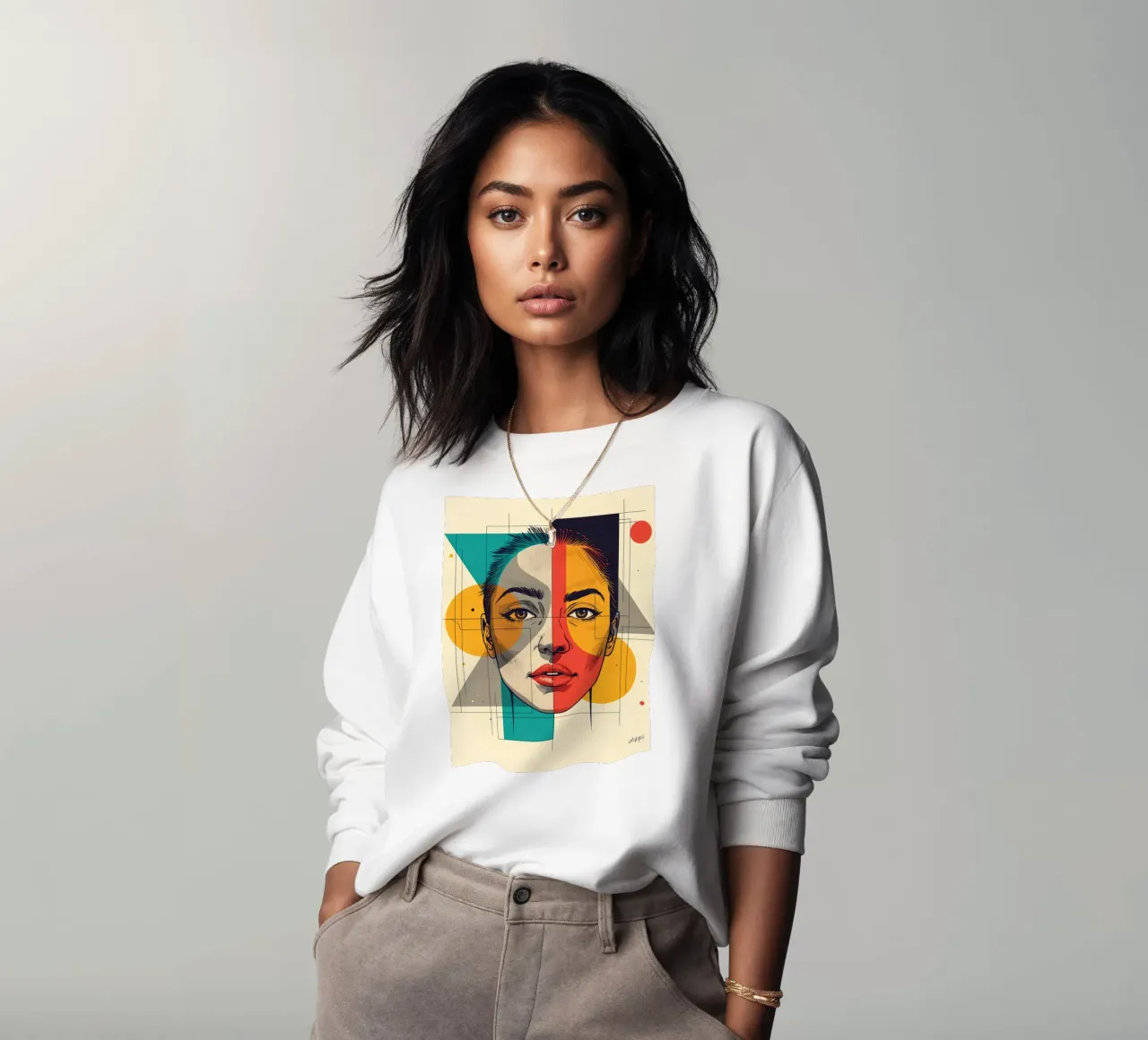 Geometrisch portret van een vrouw met verdeeld kleurenschema sweatshirt van DesignDoodle